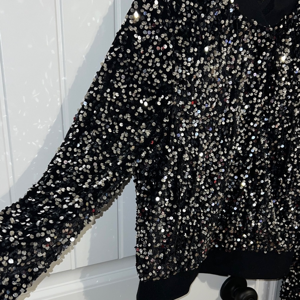 Nanette Lepore Sparkling Sequin Black Bomber Jacket - Picture 3 of 9